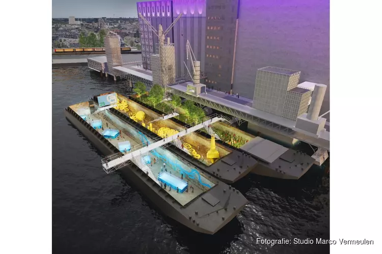 Drijvend festivalhart in de Maashaven tijdens Rotterdam Architectuur Maand 2023